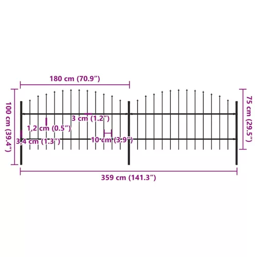  fekete lándzsahegy tetejű acélkerítés (0,75-1) x 3,4 m 