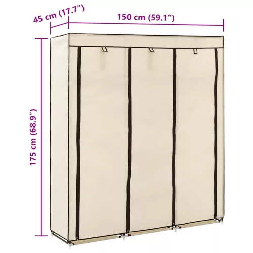  krém szövet ruhásszekrény rekeszekkel és rudakkal 150x45x175 cm