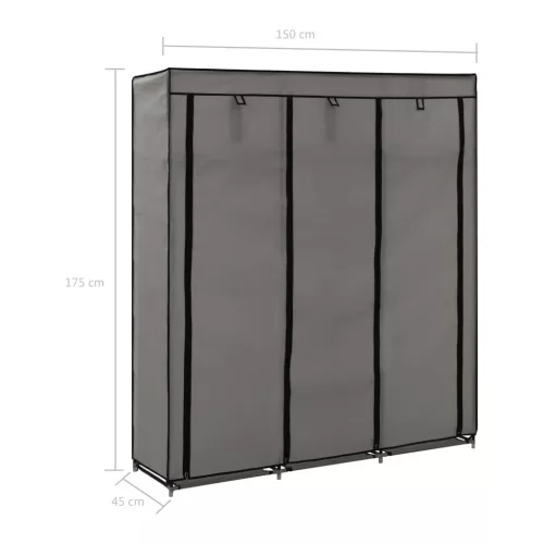  szürke szövet ruhaszekrény rekeszekkel és rudakkal 150x45x175cm