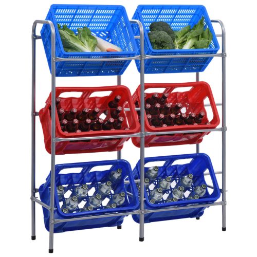  ezüstszínű acél tárolópolc 6 ládához 96 x 33 x 116 cm