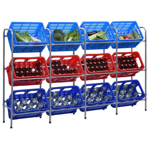  ezüstszínű acél tárolópolc 12 ládához 190x33x116 cm