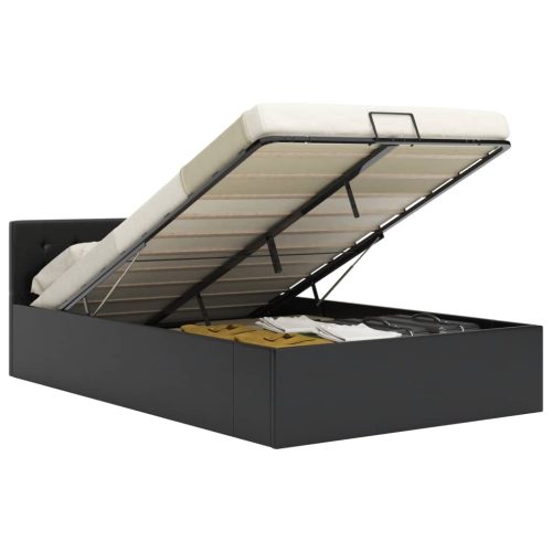  fekete műbőr ágykeret hidraulikus ágyneműtartóval 140 x 200 cm