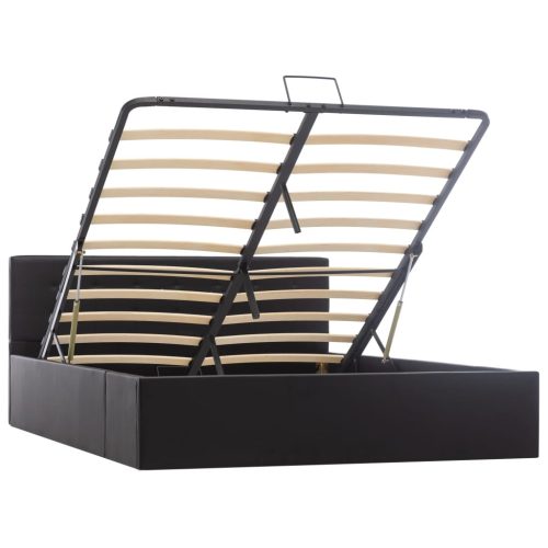  fekete műbőr ágykeret hidraulikus ágyneműtartóval 140 x 200 cm