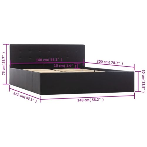  fekete műbőr ágykeret hidraulikus ágyneműtartóval 140 x 200 cm