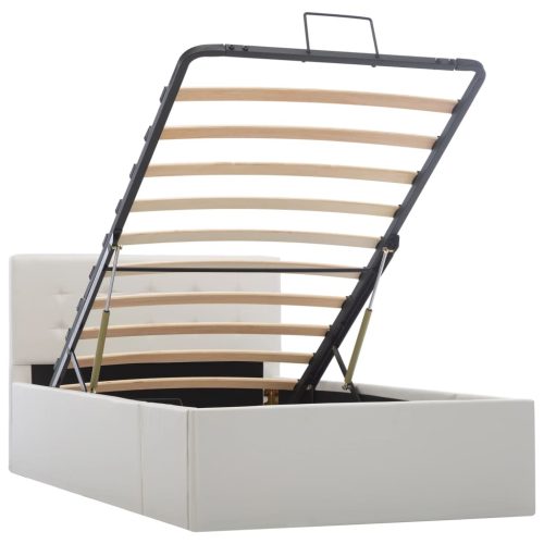  fehér műbőr ágykeret hidraulikus ágyneműtartóval 90 x 200 cm