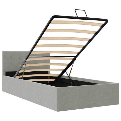  világosszürke szövet ágykeret hidraulikus tárolóval 90 x 200 cm 