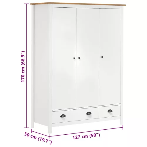  Hill fehér 3 ajtós tömör fenyőfa ruhásszekrény 127x50x170 cm