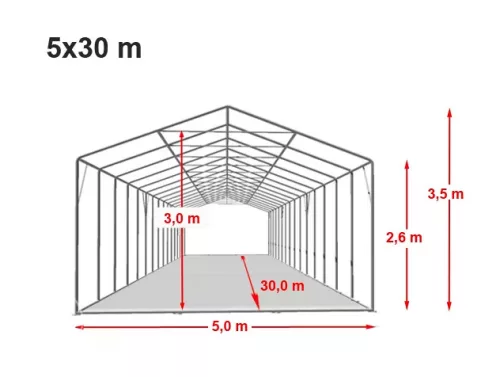 TP Professional 5x30m 2,6m oldalmagas raktársátor PVC 800 ponyvával, fehér