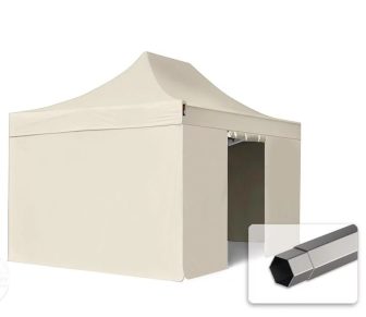Professional összecsukható sátrak PREMIUM 350g/m2 ponyvával, acélszerkezettel, 4 oldalfallal, ablak nélkül - 3x4,5m krém