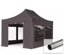   Professional összecsukható sátrak PREMIUM 350g/m2 ponyvával, acélszerkezettel, 4 oldalfallal, panoráma ablakkal - 3x4,5m sötétszürke