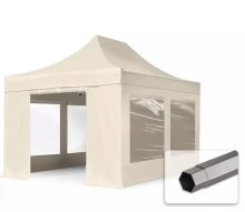  Professional összecsukható sátrak PREMIUM 350g/m2 ponyvával, acélszerkezettel, 4 oldalfallal, panoráma ablakkal - 3x4,5m krém