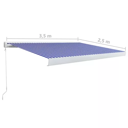  kék és fehér manuális, kazettás napellenző 350 x 250 cm