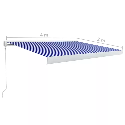  kék és fehér manuális, kazettás napellenző 400 x 300 cm