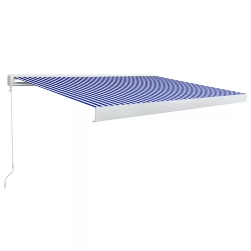  kék és fehér manuális, kazettás napellenző 450 x 300 cm