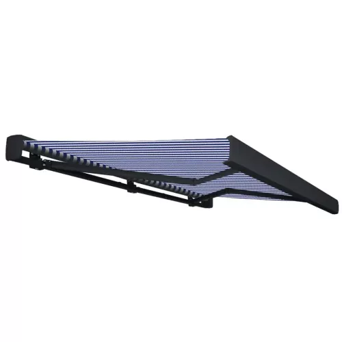  kék és fehér motorizált kazettás napellenző 350 x 250 cm