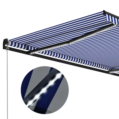  kék és fehér kézzel kihúzható LED-es napellenző 300 x 250 cm
