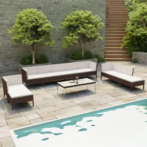  10 részes barna polyrattan kerti bútorszett párnákkal