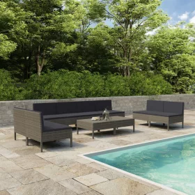 10 részes szürke polyrattan kerti bútorszett párnákkal