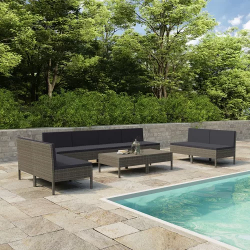  10 részes szürke polyrattan kerti bútorszett párnákkal
