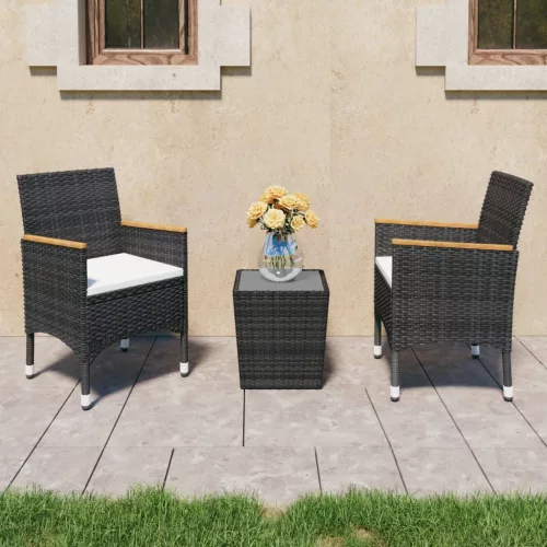  3 részes fekete polyrattan és edzett üveg bisztrószett