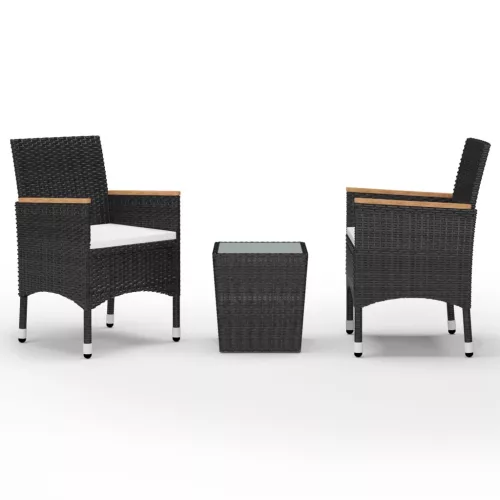  3 részes fekete polyrattan és edzett üveg bisztrószett
