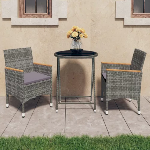  3 részes szürke polyrattan és edzett üveg kerti bisztrószett