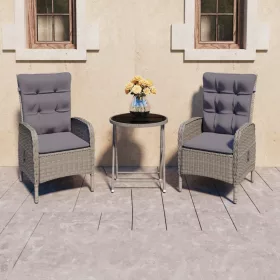  3 részes szürke polyrattan és üveg kerti bisztrószett