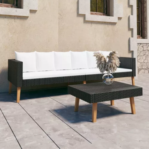  2 részes fekete polyrattan kerti ülőgarnitúra párnákkal