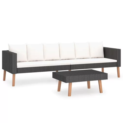  2 részes fekete polyrattan kerti ülőgarnitúra párnákkal