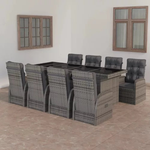  9 részes szürke kültéri polyrattan étkezőszett párnákkal