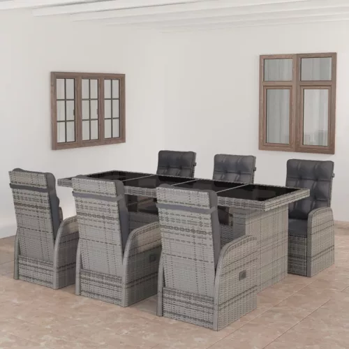  7 részes szürke polyrattan kültéri étkezőgarnitúra párnákkal