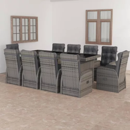  11 részes szürke polyrattan kültéri étkezőszett párnákkal