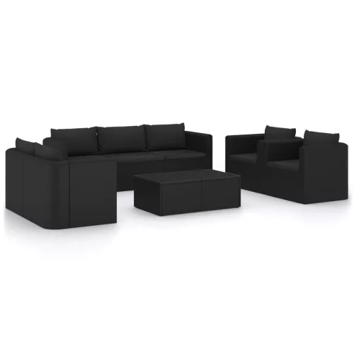  9 részes fekete polyrattan kerti bútorszett párnákkal