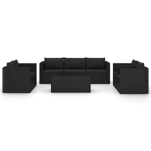  9 részes fekete polyrattan kerti bútorszett párnákkal
