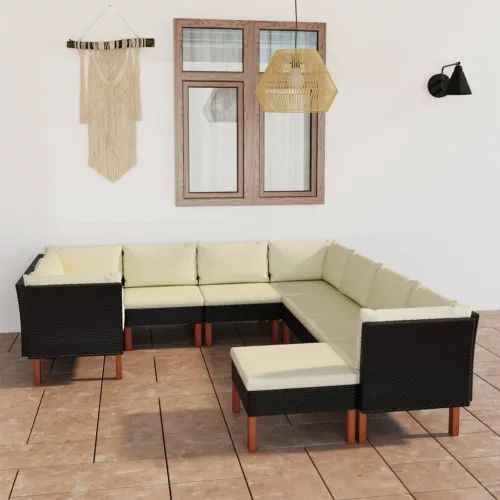  9 részes fekete polyrattan kerti ülőgarnitúra párnákkal