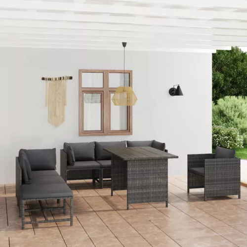  8 részes szürke polyrattan kerti bútorszett párnákkal