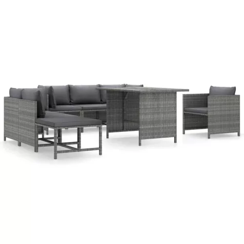  8 részes szürke polyrattan kerti bútorszett párnákkal