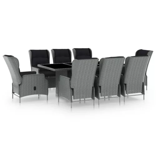  9 részes világosszürke polyrattan kültéri étkezőszett párnákkal