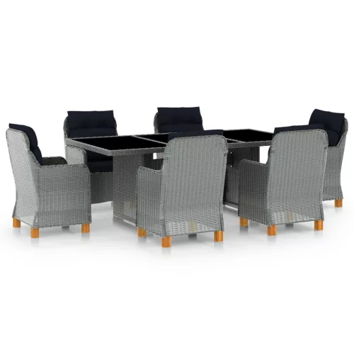  7 részes világosszürke polyrattan kültéri étkezőszett párnákkal