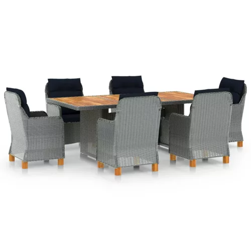  7 részes világosszürke polyrattan kültéri étkezőszett párnákkal