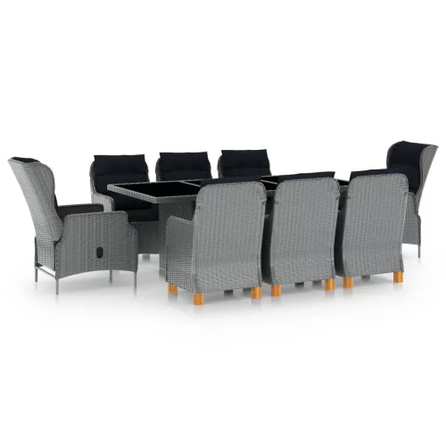  9 részes világosszürke polyrattan kültéri étkezőszett párnákkal