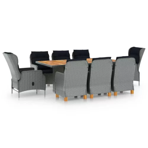  9 részes világosszürke polyrattan kültéri étkezőszett párnákkal
