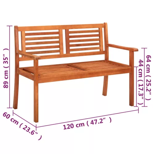  2 személyes tömör eukaliptuszfa kerti pad párnával 120 cm