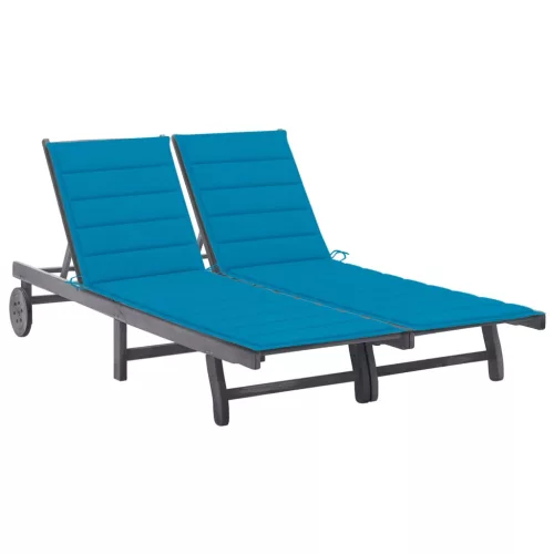  2 személyes szürke tömör akácfa kerti napozóágy párnával