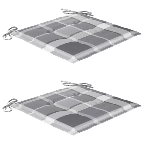  2 db tömör tíkfa kerti szék szürke kockás párnákkal