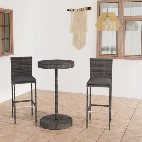  3 részes szürke polyrattan kerti bárszett párnákkal