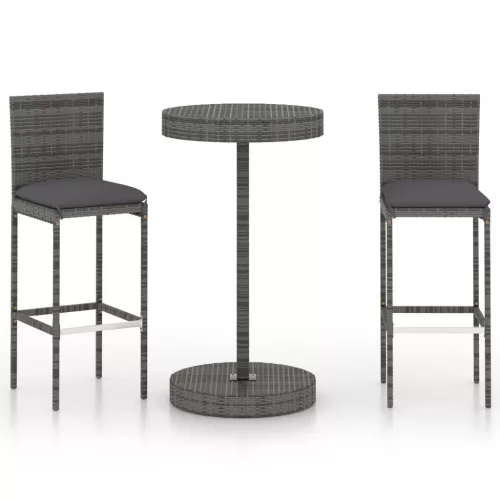  3 részes szürke polyrattan kerti bárszett párnákkal
