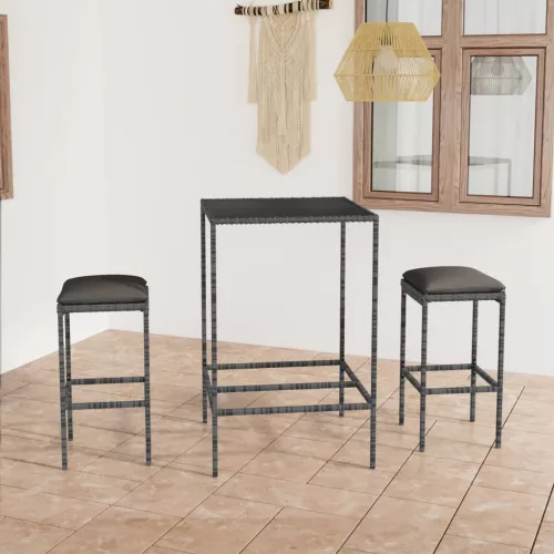  3 részes szürke polyrattan kerti bárszett párnákkal