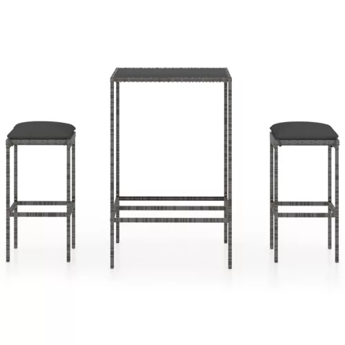  3 részes szürke polyrattan kerti bárszett párnákkal