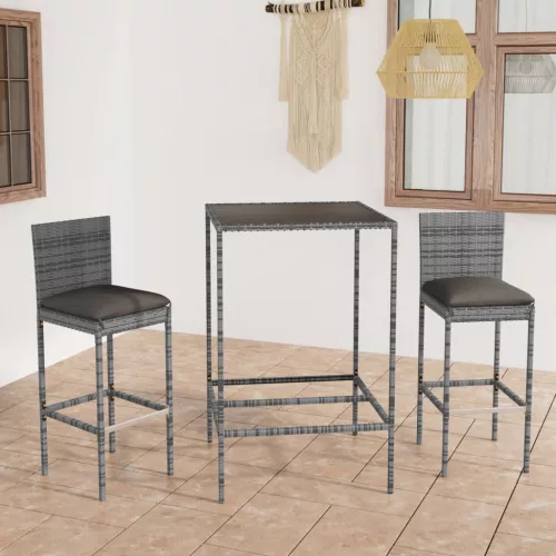  3 részes szürke polyrattan kerti bárszett párnákkal